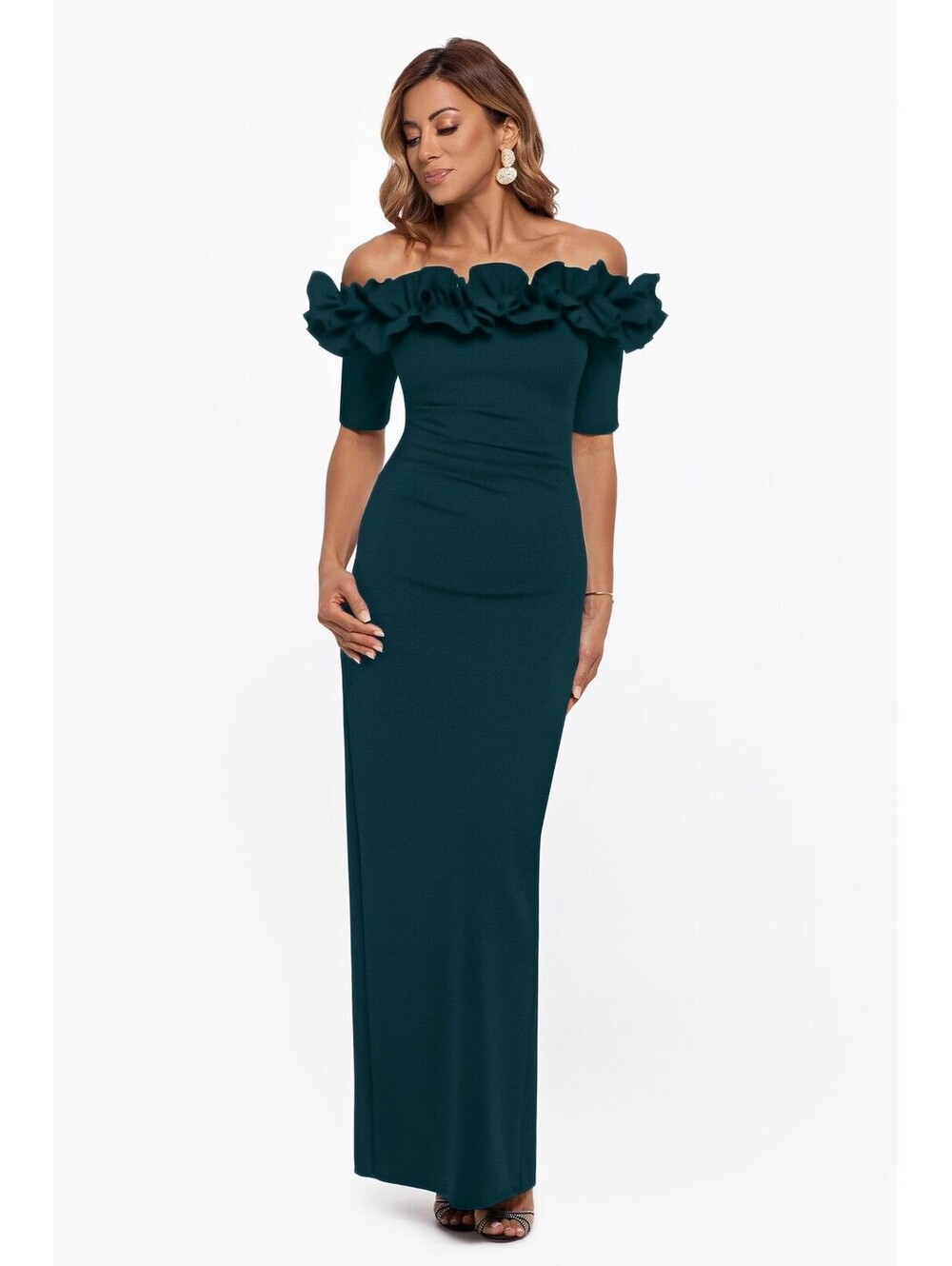 Xscape Womens Off The Shoulder Gown Size 8P Green Ruffle Formal Evening Dress